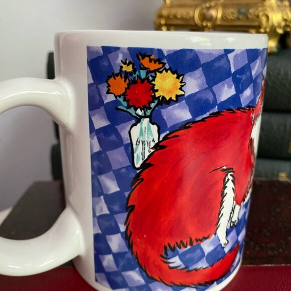 Vintage Fluffy Red Orange White Cat Flowers in Vase Painting Mug 80s 90s - Picture 2 of 4